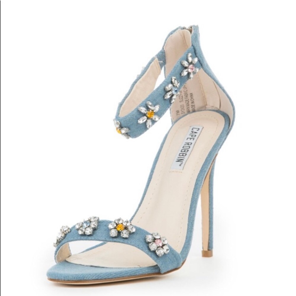 Cape Robbin Rhinestone Ankle Strap Denim High Heel Shoe
